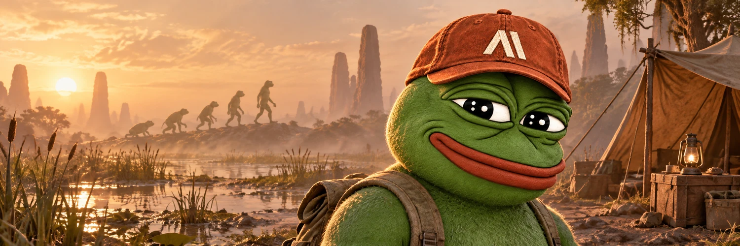 AnthroPepe at sunset beside a visual sequence of frog evolution