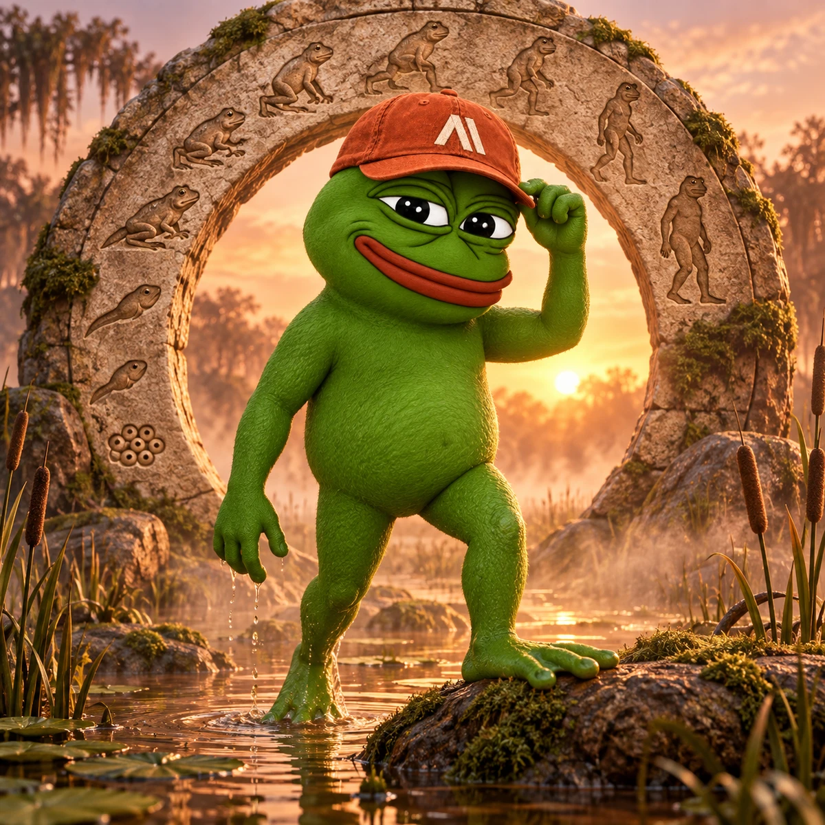 Square launch artwork showing AnthroPepe stepping out of the swamp