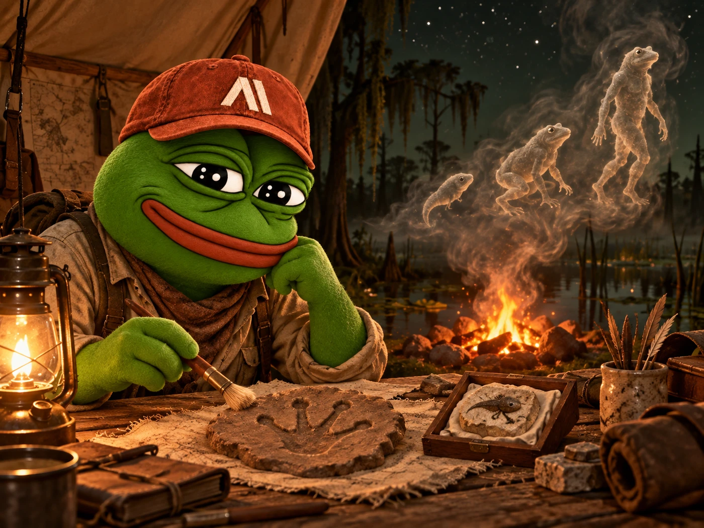 AnthroPepe studying ancient clues while frog ancestors appear in campfire smoke