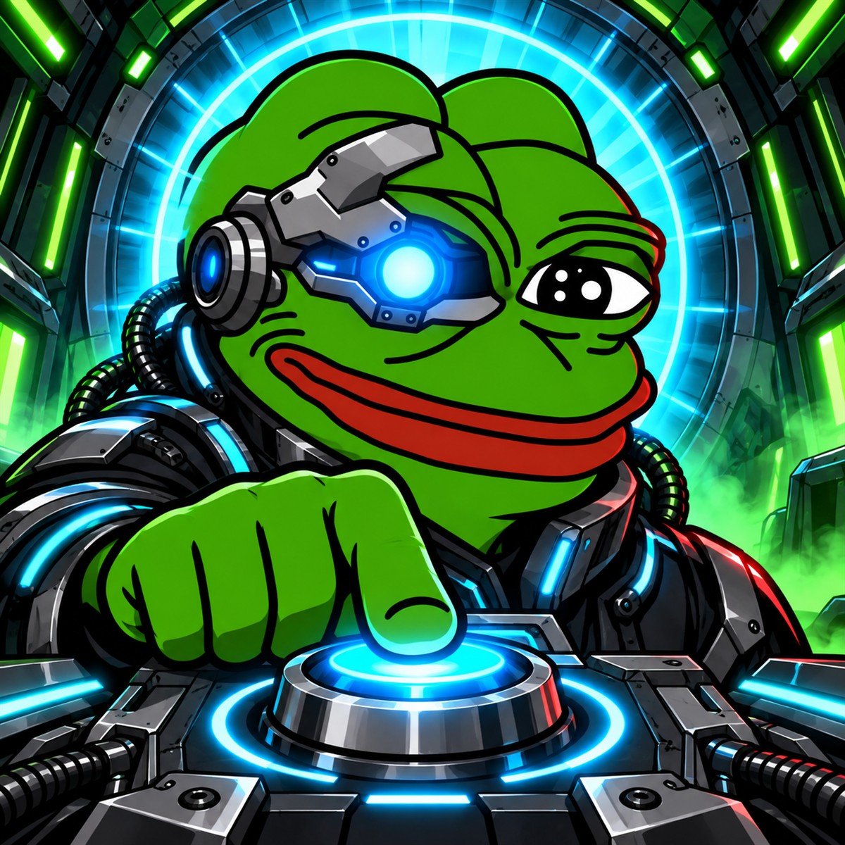 Artificial Pepe activating a glowing cybernetic launch console