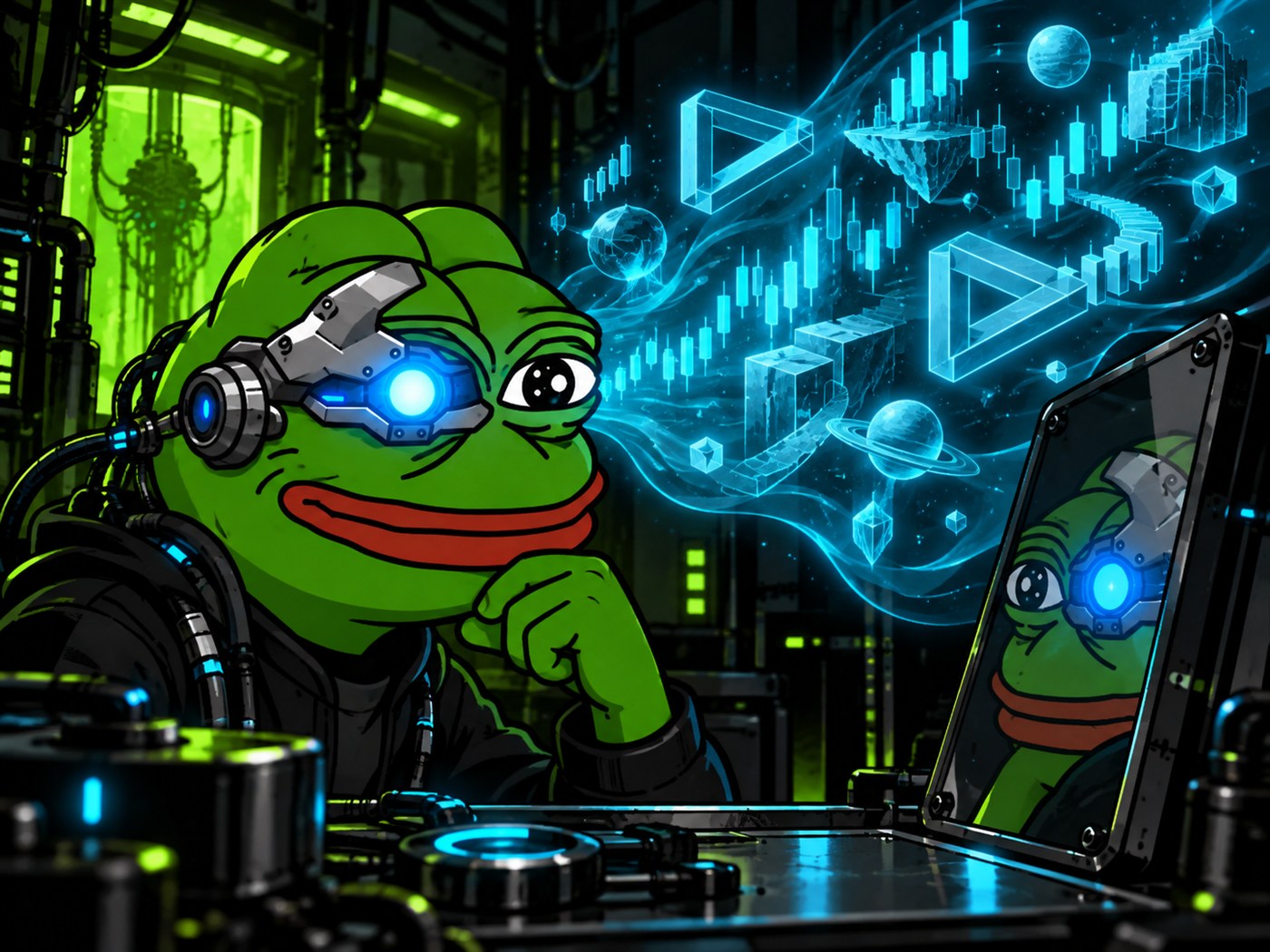 Artificial Pepe watching impossible patterns emerge from his cybernetic eye