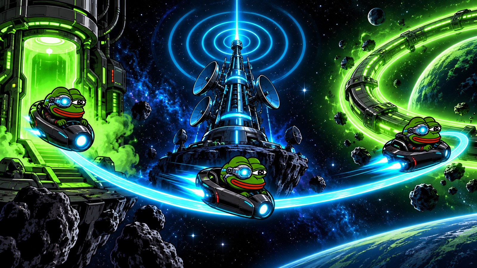 Artificial Pepe travelling through three stages of an orbital signal path